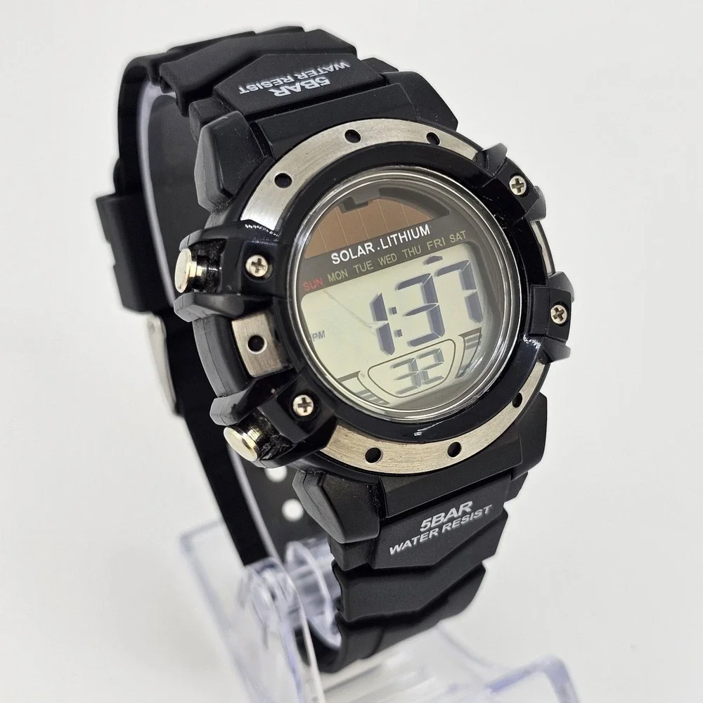 Men's Sports Digital‎ Watch 42MM Black Case Black Plastic Bands LED